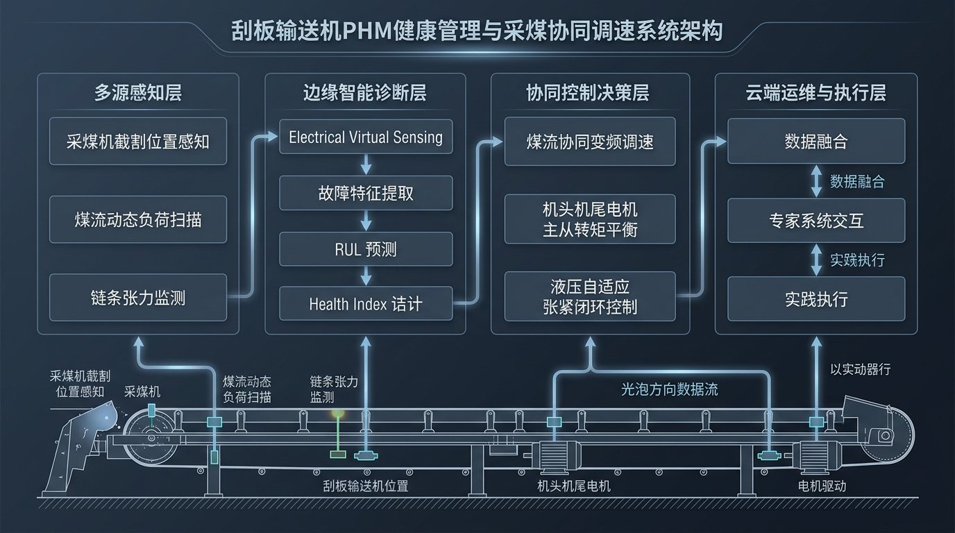 综采工作面刮板输送机PHM系统架构与采煤机煤流协同控制拓扑图
