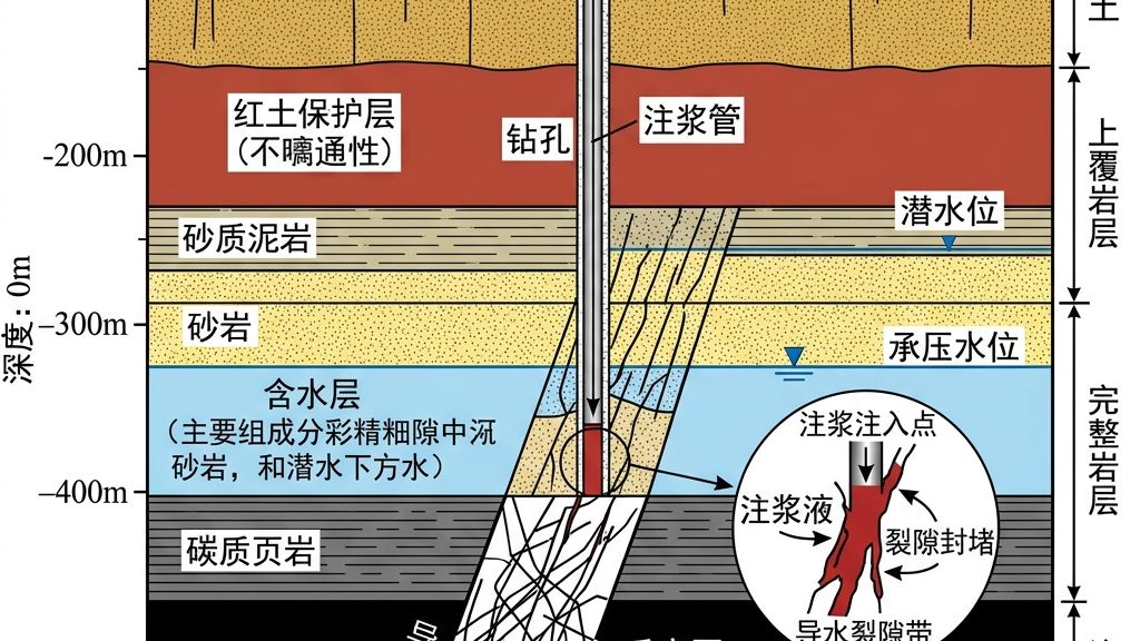 萨拉乌苏含水层一注五减注浆充填保水开采力学边界示意图
