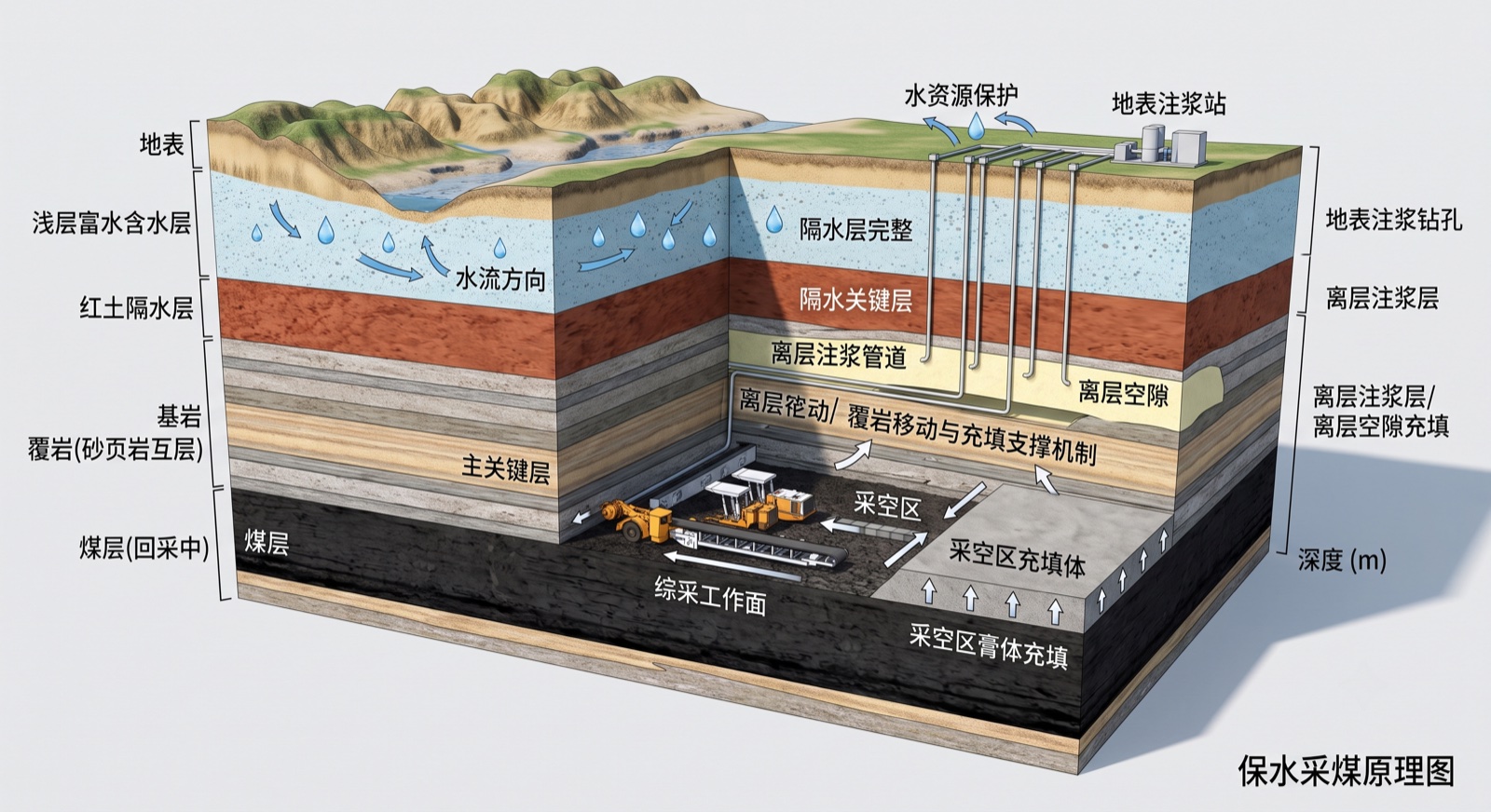 覆岩离层高压注浆保水采煤原理与地质剖面