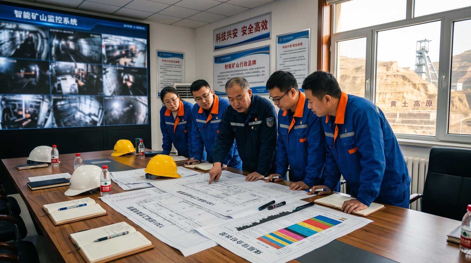 矿总工程师与机电综采技术团队在会议室会审采煤机惯导记忆截割轨迹蓝图与年度效益验收台账