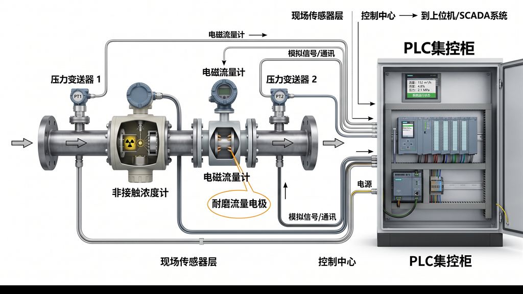 浓度计、流量计和高压陶瓷变送器与主控PLC联锁控制拓扑图