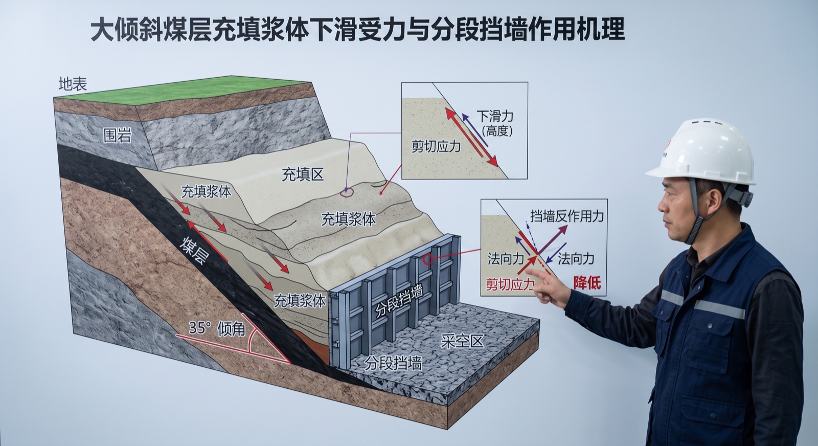 大倾斜煤层充填浆体下滑受力与分段挡墙作用机理