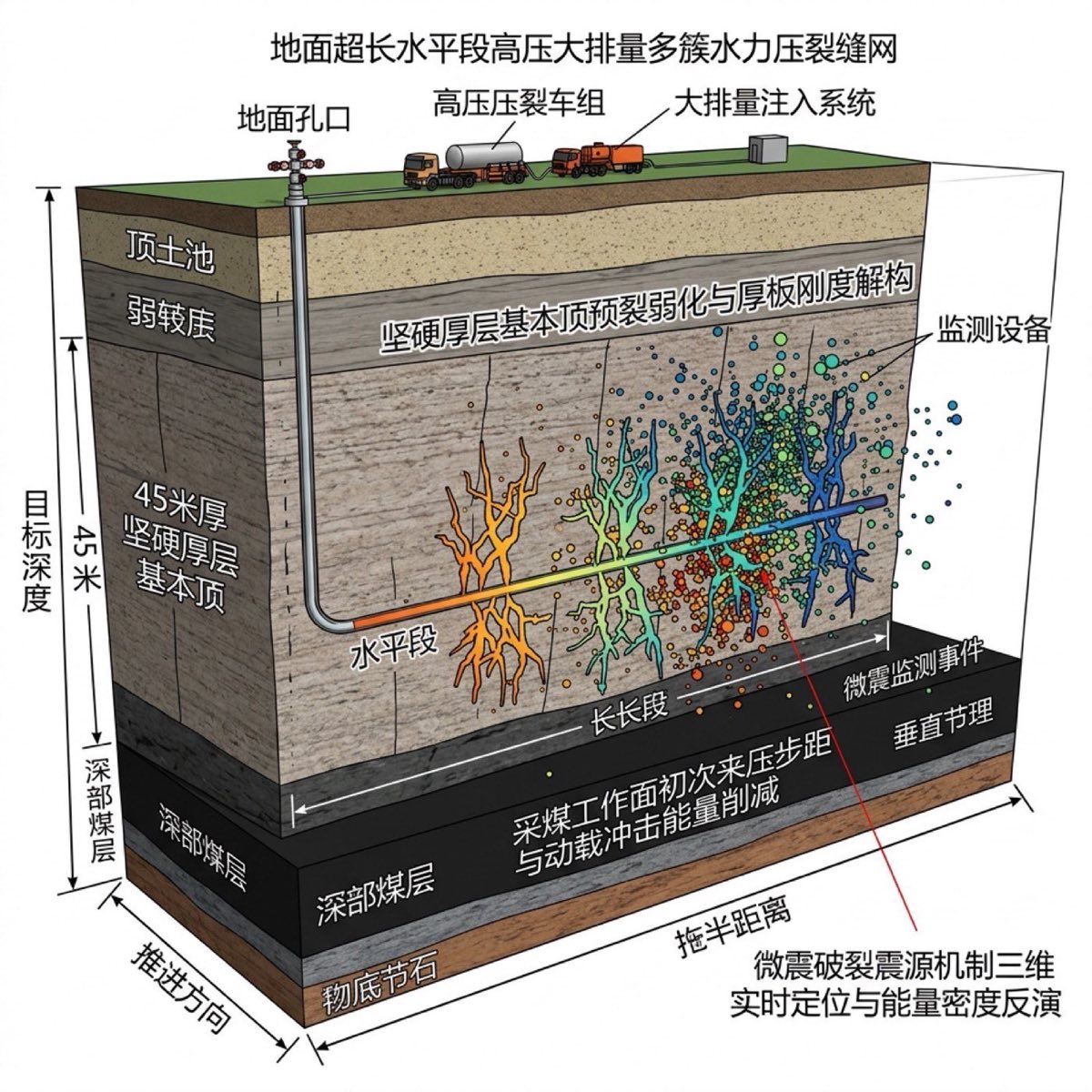 地面水平井穿行特厚坚硬砂岩顶板分段多簇裂缝垂直扩展与弱化机理