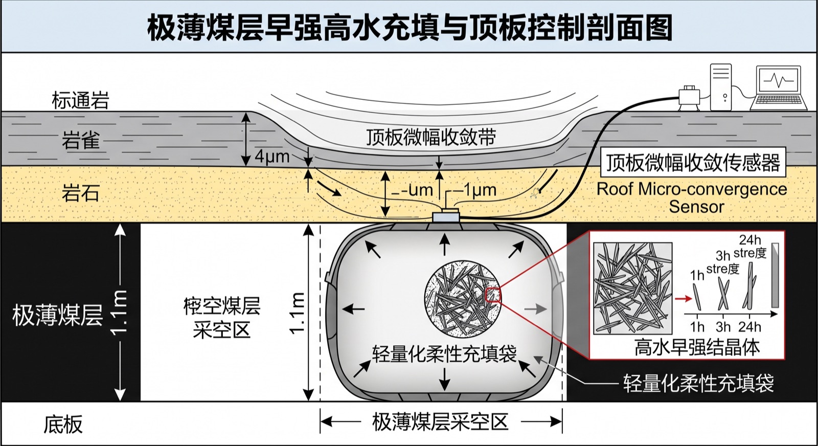 极薄煤层高水快凝充填与顶板早期控顶原理图