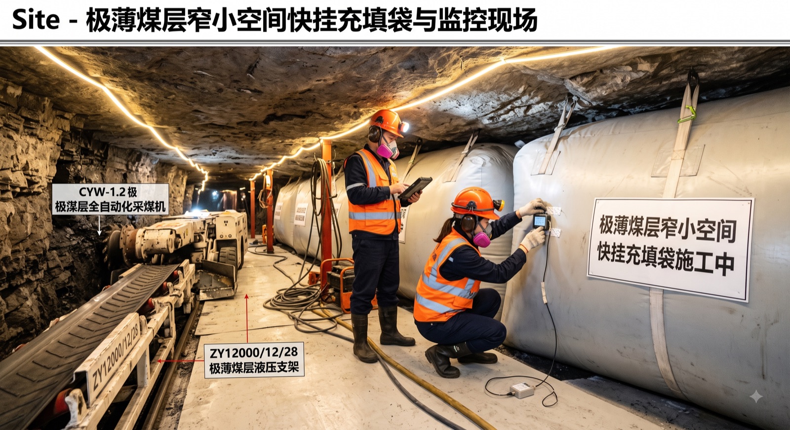 极薄煤层矮小空间充填与顶板监测现场