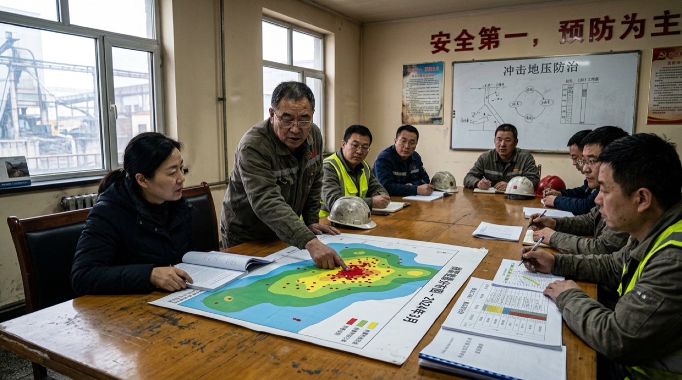 运输副矿长与安全生产部总工在地面集控大厅审查煤仓料位激光点云与自动破拱记录