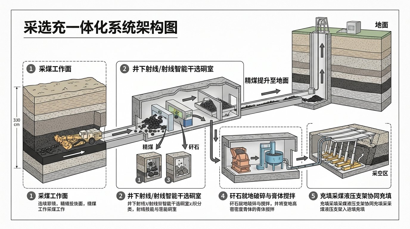 煤矿井下采选充一体化与矸石原位充填开采循环工艺拓扑架构图