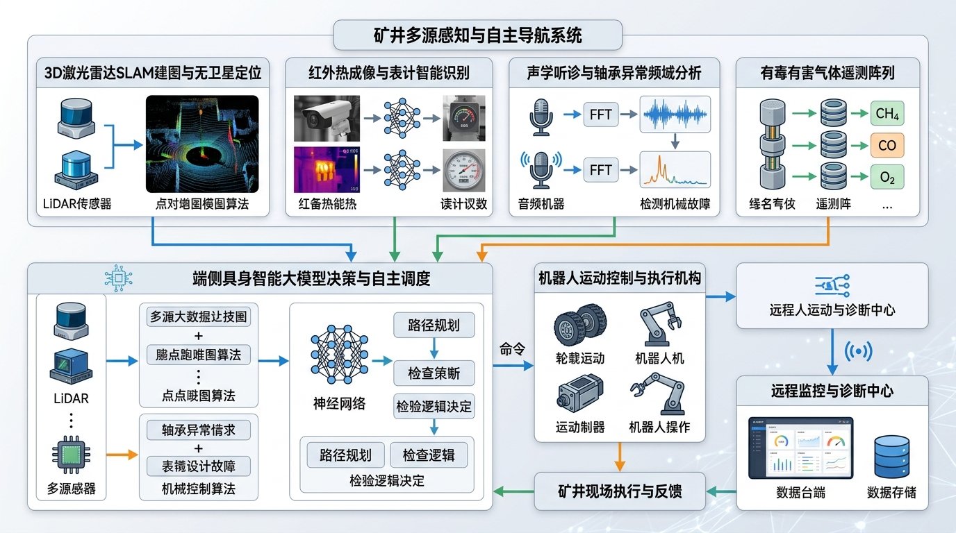 煤矿特种防爆巡检机器人多模态多传感器感知与具身智能技术架构图