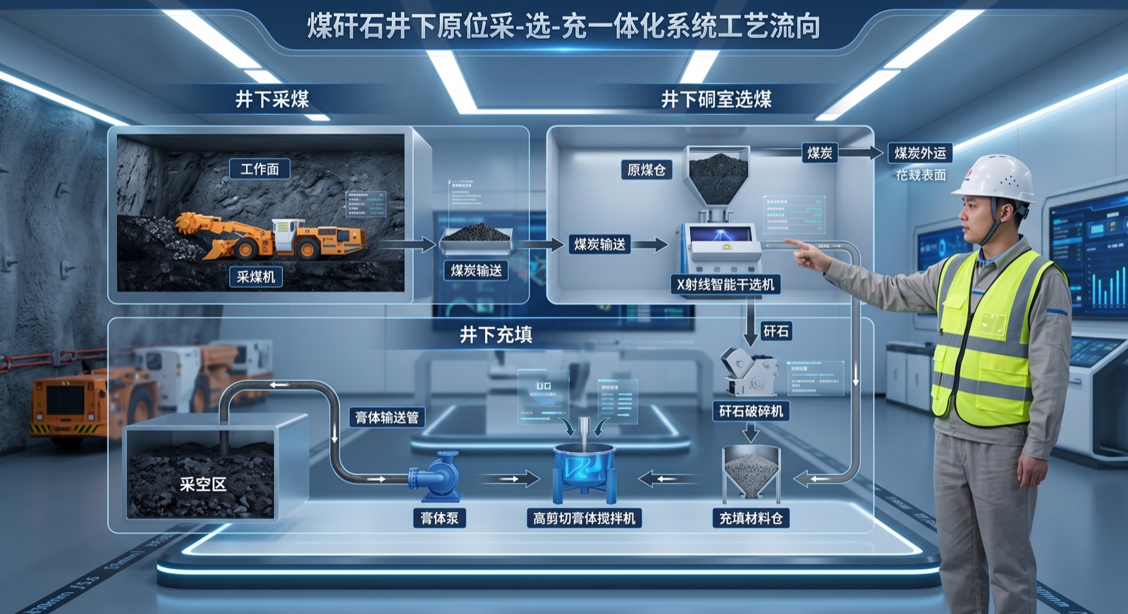 煤矸石井下原位采-选-充一体化系统工艺流向