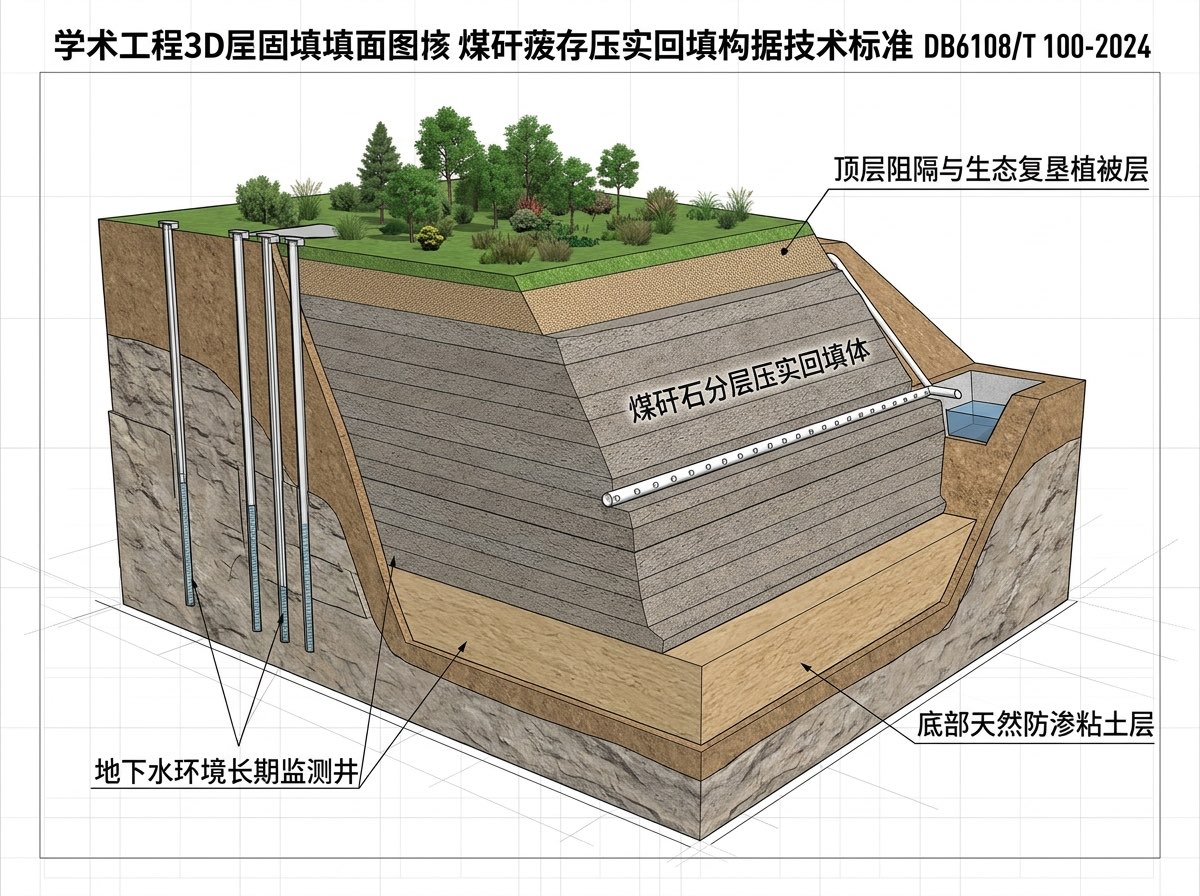 一般工业固废矿坑回填与生态修复多层地质工程剖面图