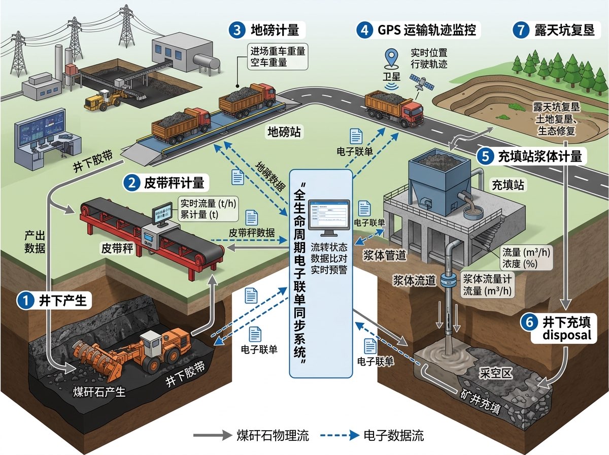 煤矿煤矸石固废全生命周期数字化监管电子台账全链条数据流程图