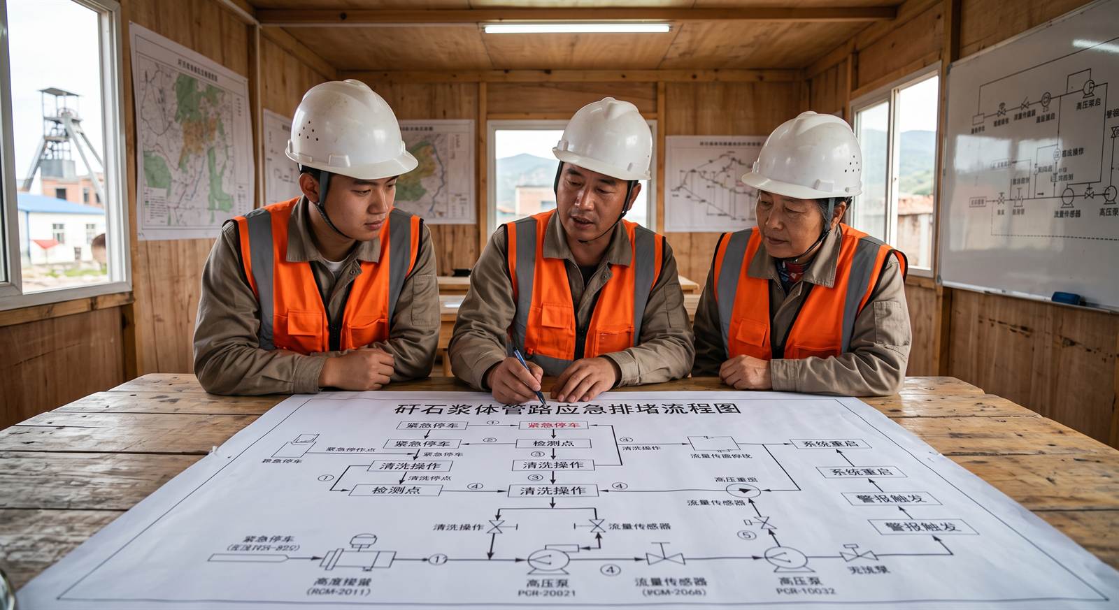 调度中控室内总工程师联合签字会审地质图纸与应急处置流程图