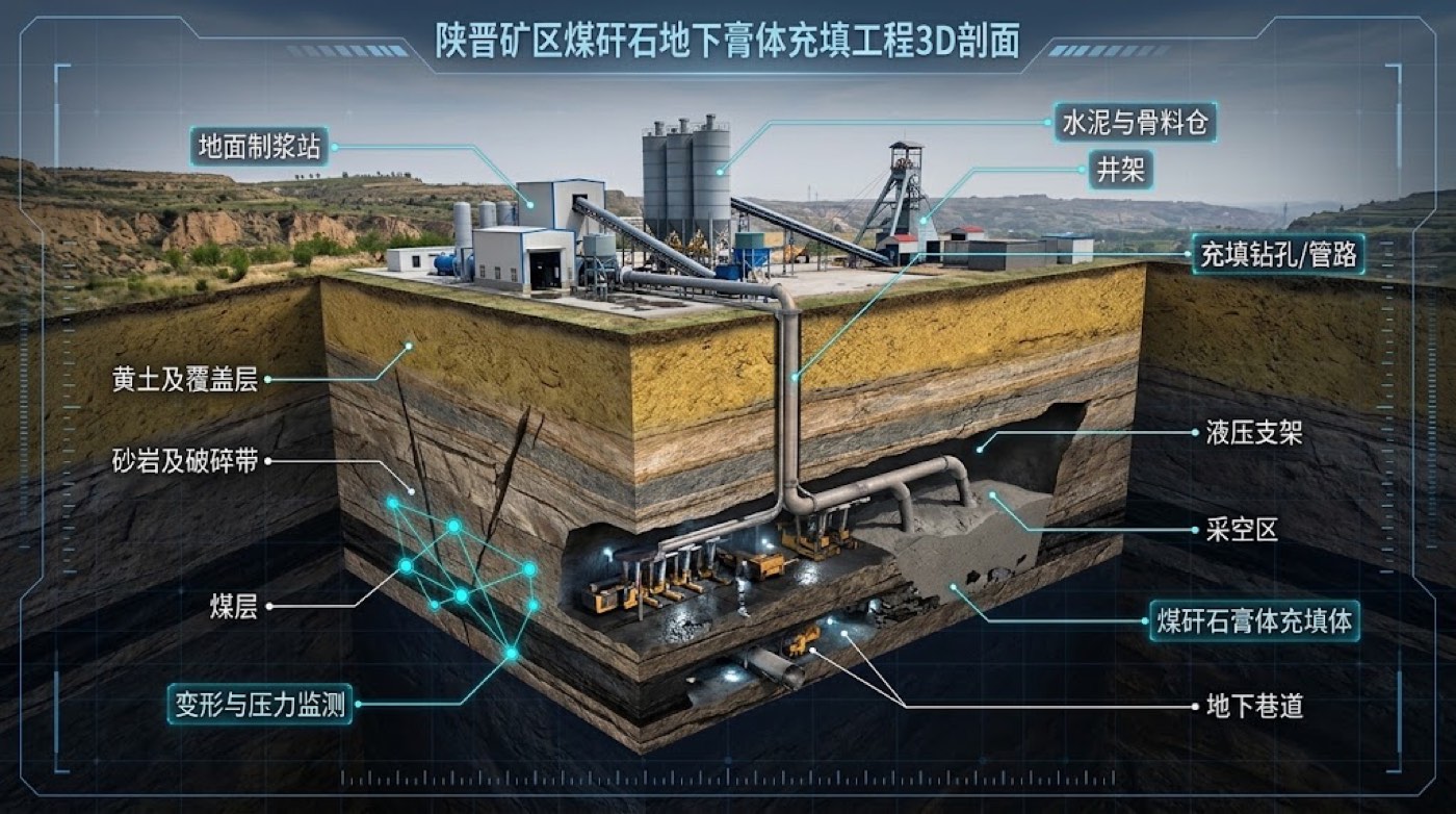 陕晋矿区煤矸石地下膏体充填工程3D剖面图