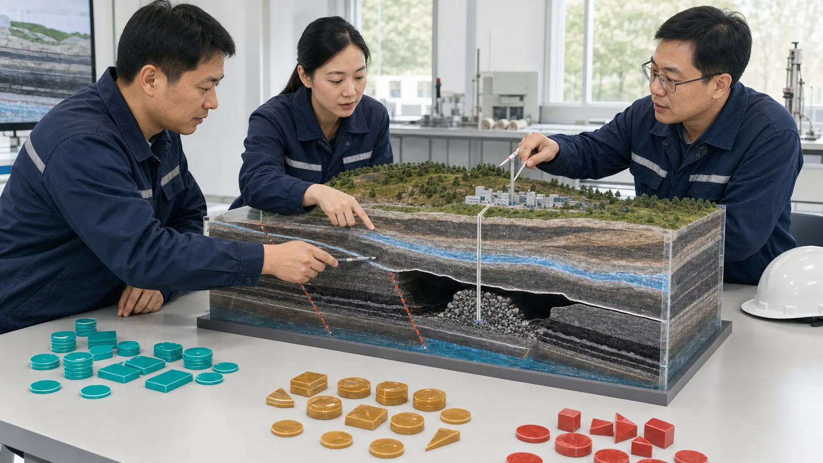 多专业人员围绕地质剖面模型核查采空区、含水层和工程边界条件的初筛示意场景