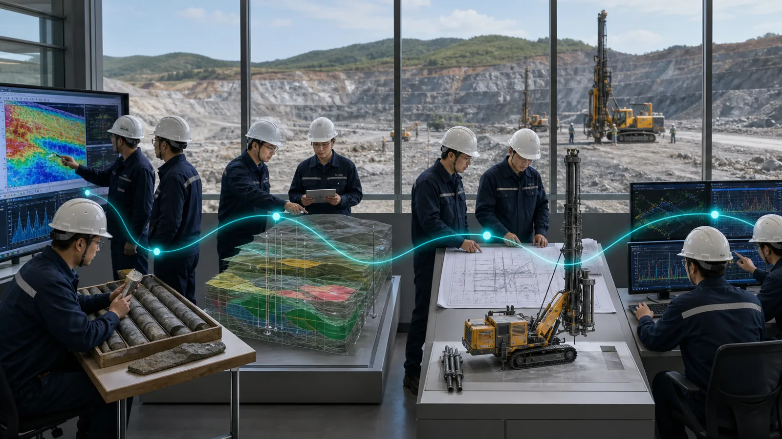 工程团队依次开展资料探测、空间评估、方案设计和监测复核的四阶段协同示意场景