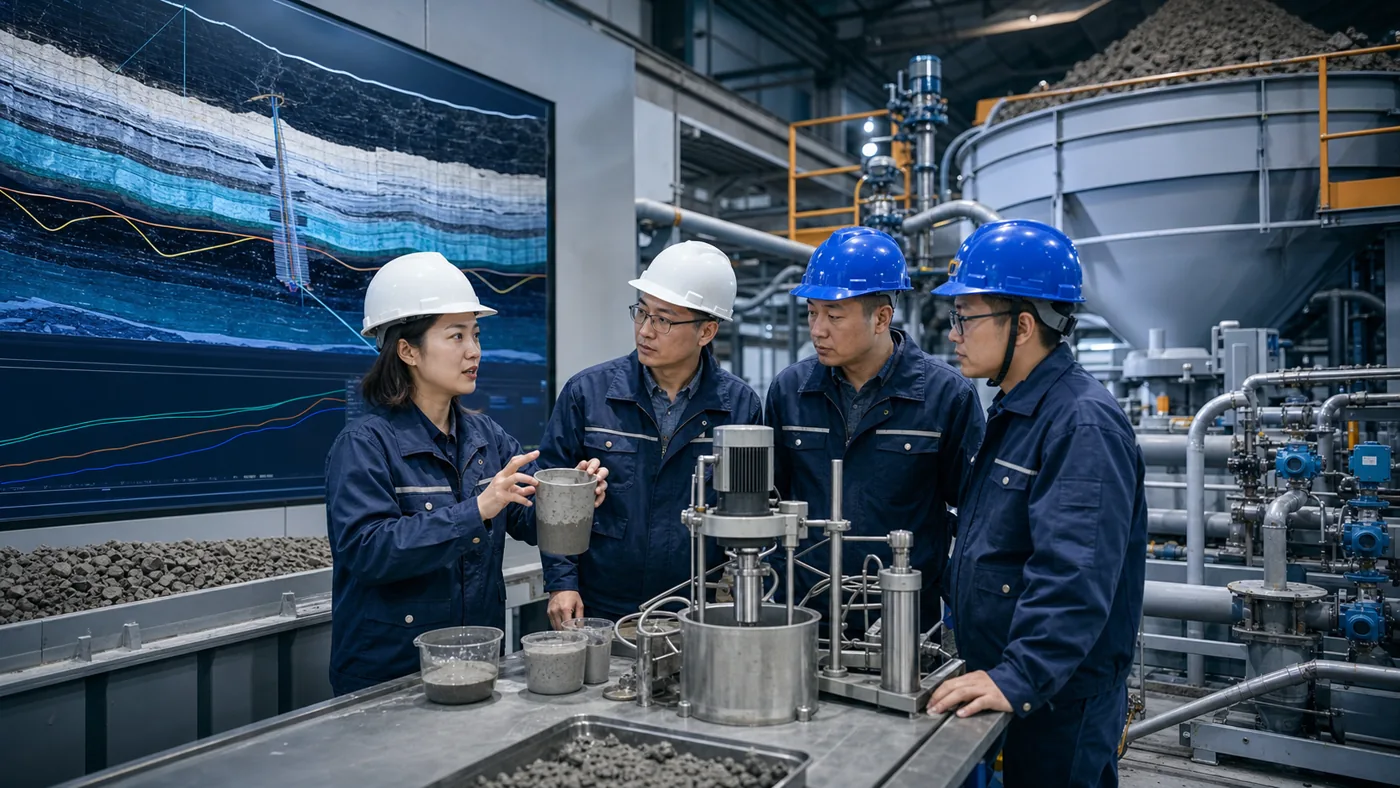 材料研究、矿山工程与自动化人员在中试制浆设备旁核验浆体样品和地层模型