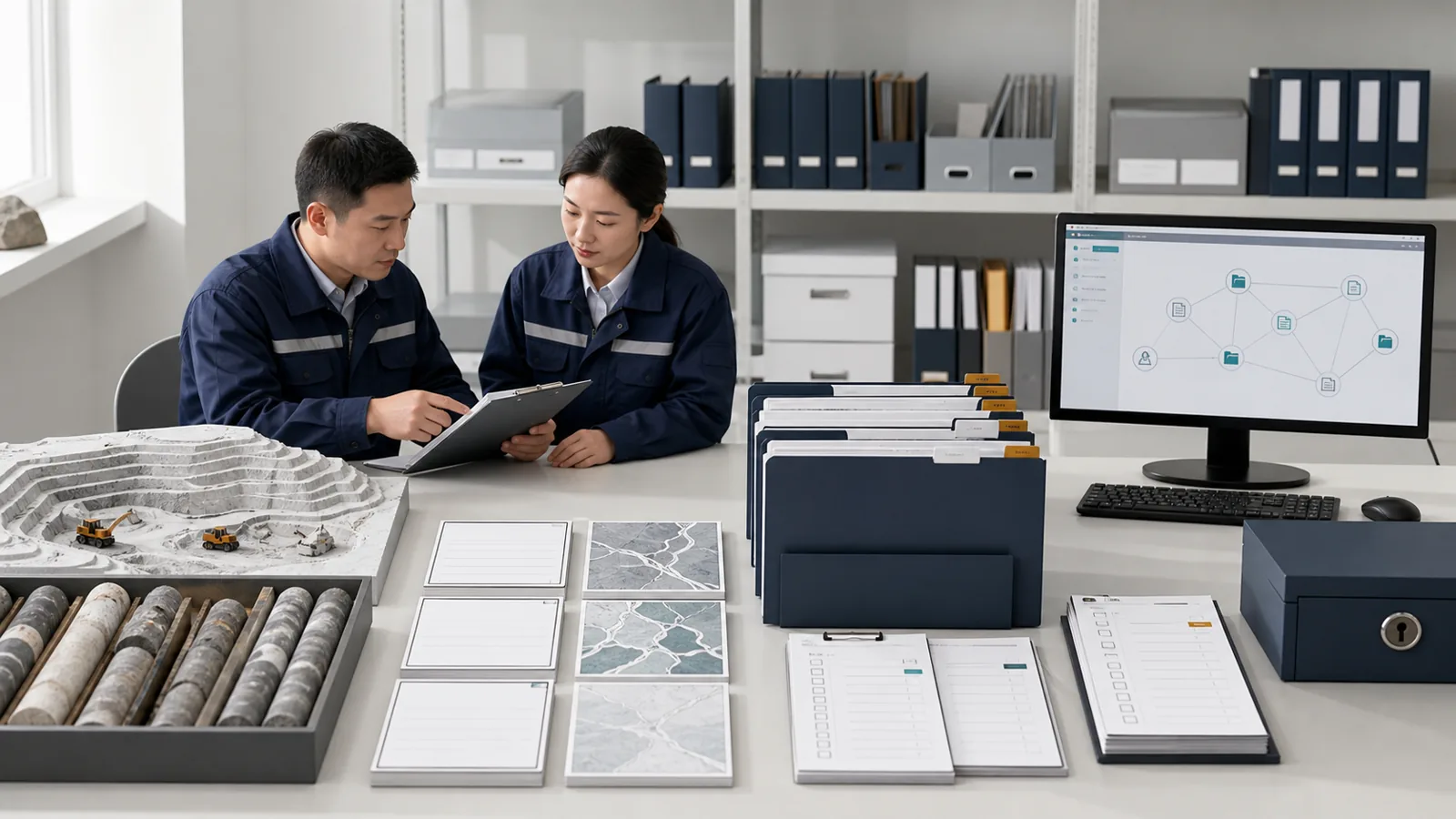 档案人员整理地层模型、匿名资料卡、版本文件和数字归档关系的公开档案模板示意场景